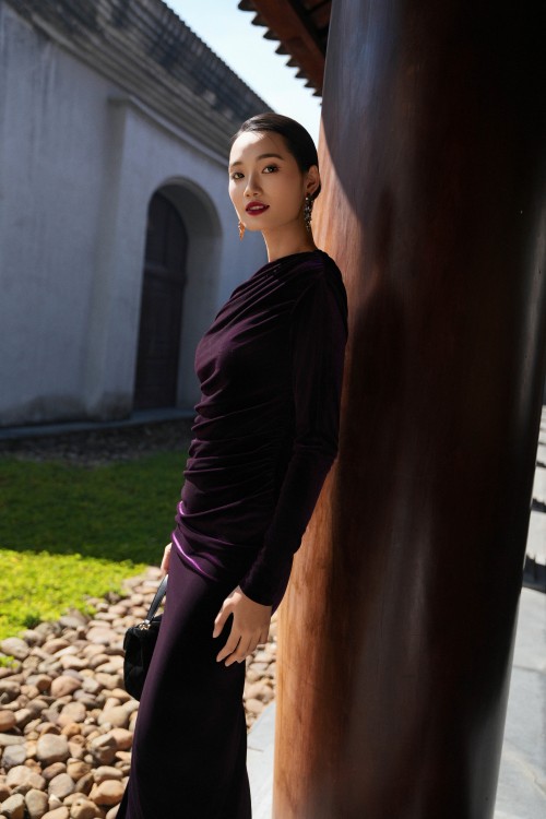 Sixdo Dark Purple Velvet Pencil Dress